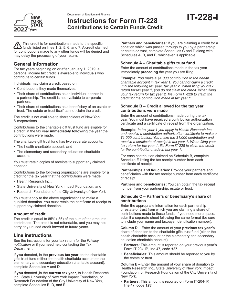 Instructions for Form IT-228 Contributions to Certain Funds Credit - New York, Page 1