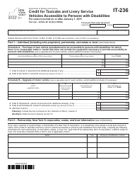 Document preview: Form IT-236 Credit for Taxicabs and Livery Service Vehicles Accessible to Persons With Disabilities for Costs Incurred on or After January 1, 2011 - New York