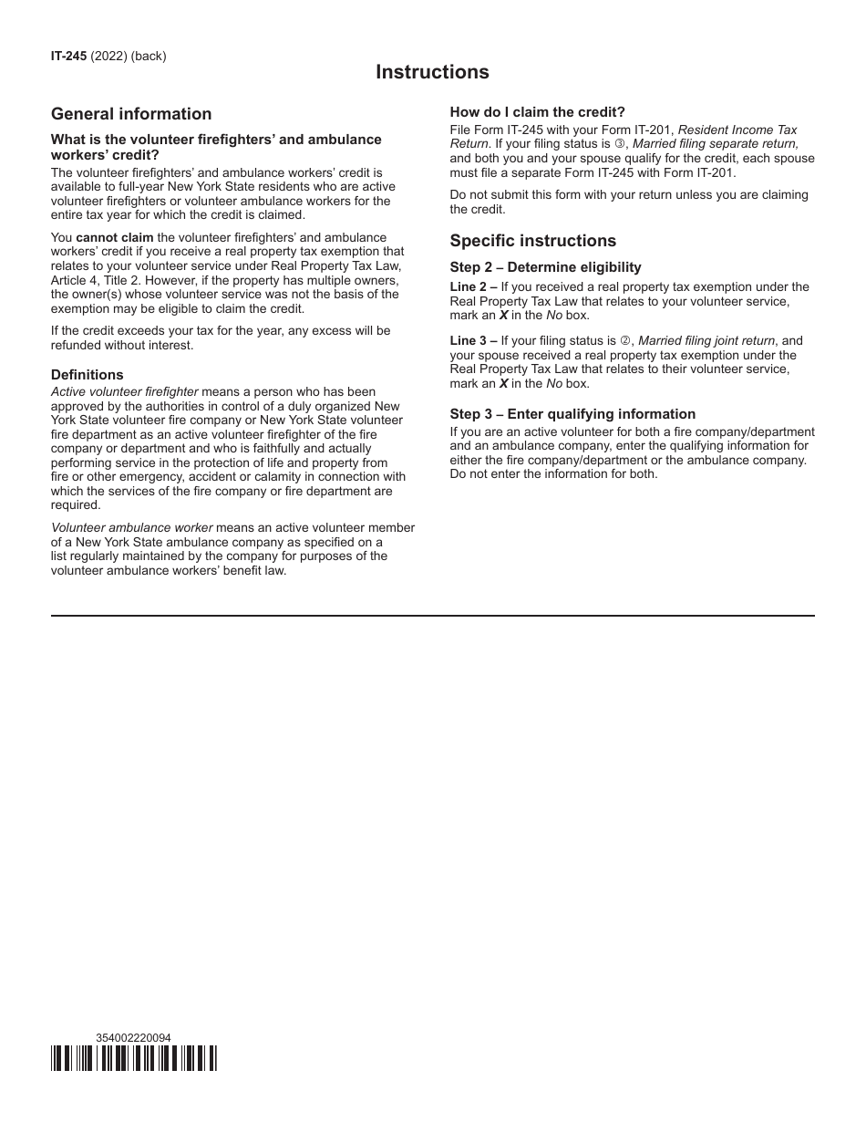 Form IT-245 Claim for Volunteer Firefighters and Ambulance Workers Credit - New York, Page 2