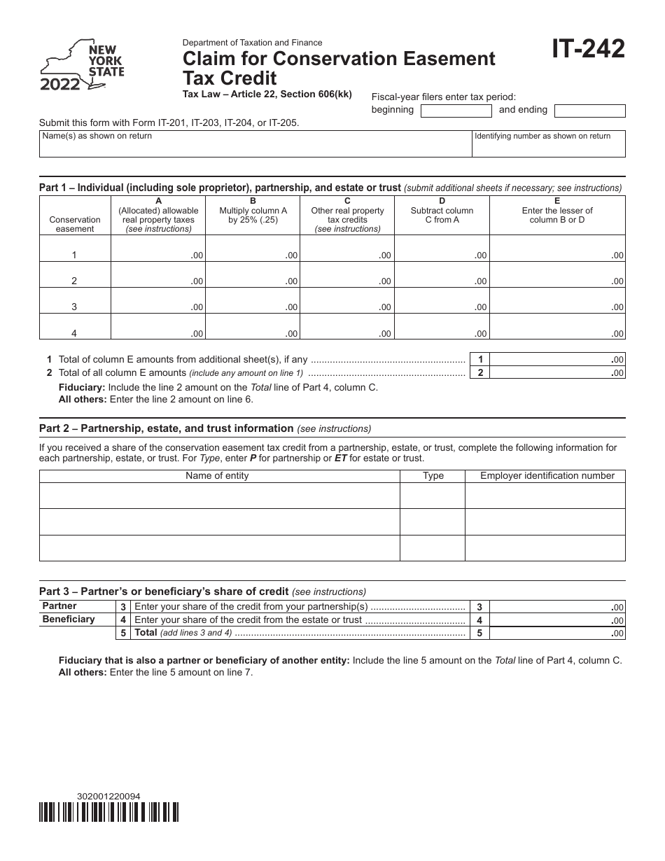 Form IT-242 Claim for Conservation Easement Tax Credit - New York, Page 1
