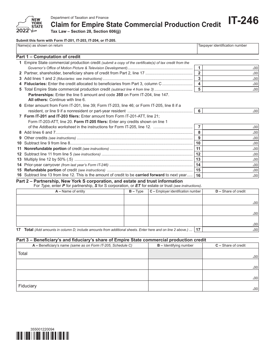 Form IT-246 Claim for Empire State Commercial Production Credit - New York, Page 1