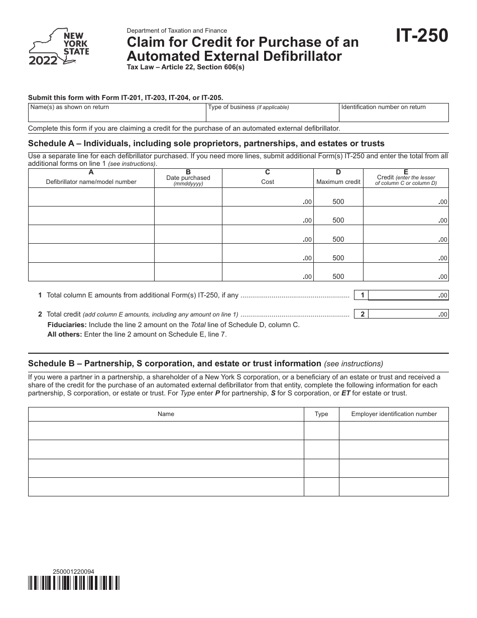 Form IT-250 Claim for Credit for Purchase of an Automated External Defibrillator - New York, Page 1