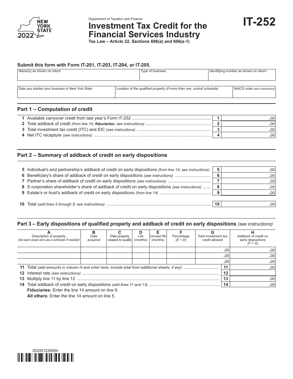 Form IT-252 Investment Tax Credit for the Financial Services Industry - New York, Page 1