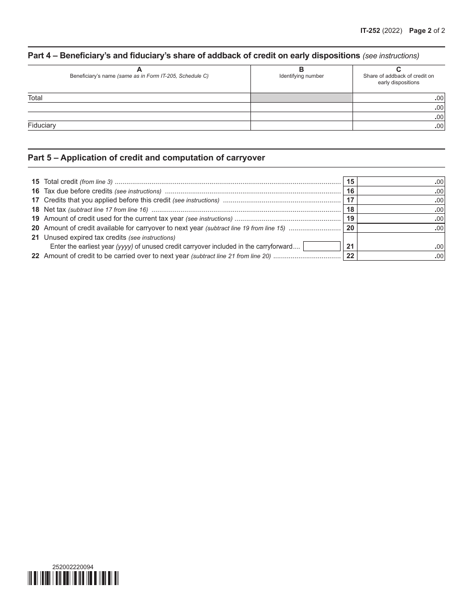 Form IT-252 Investment Tax Credit for the Financial Services Industry - New York, Page 2