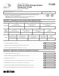 Document preview: Form IT-255 Claim for Solar Energy System Equipment Credit - New York