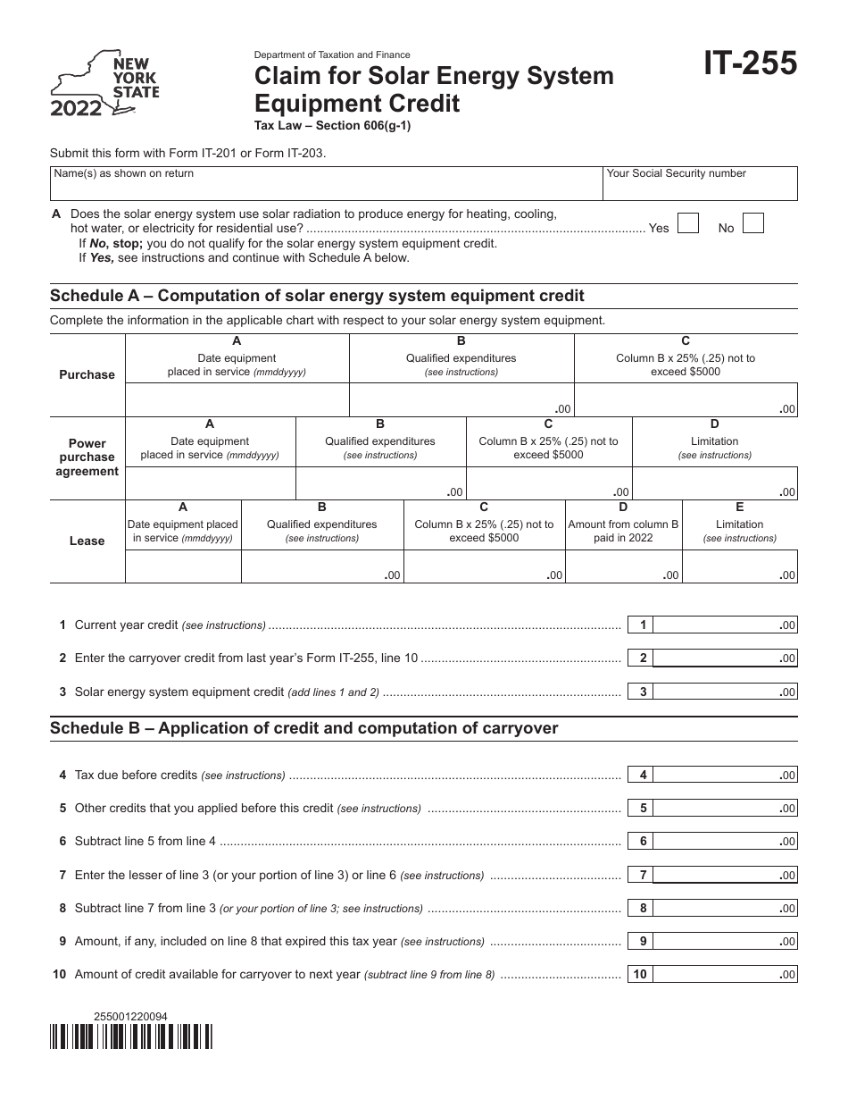 Form IT-255 Claim for Solar Energy System Equipment Credit - New York, Page 1