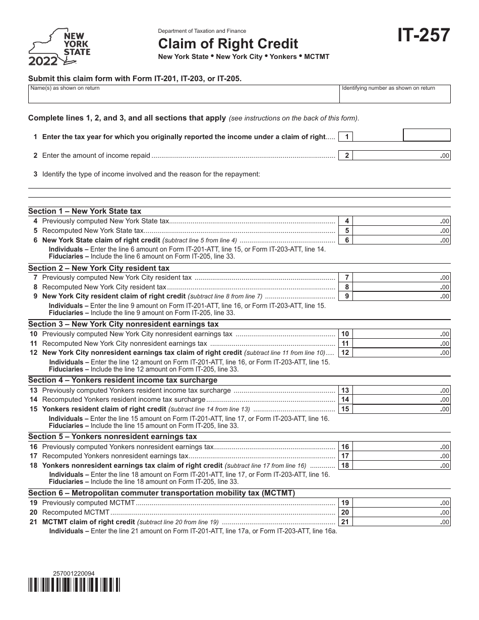 Form IT-257 Claim of Right Credit - New York, Page 1