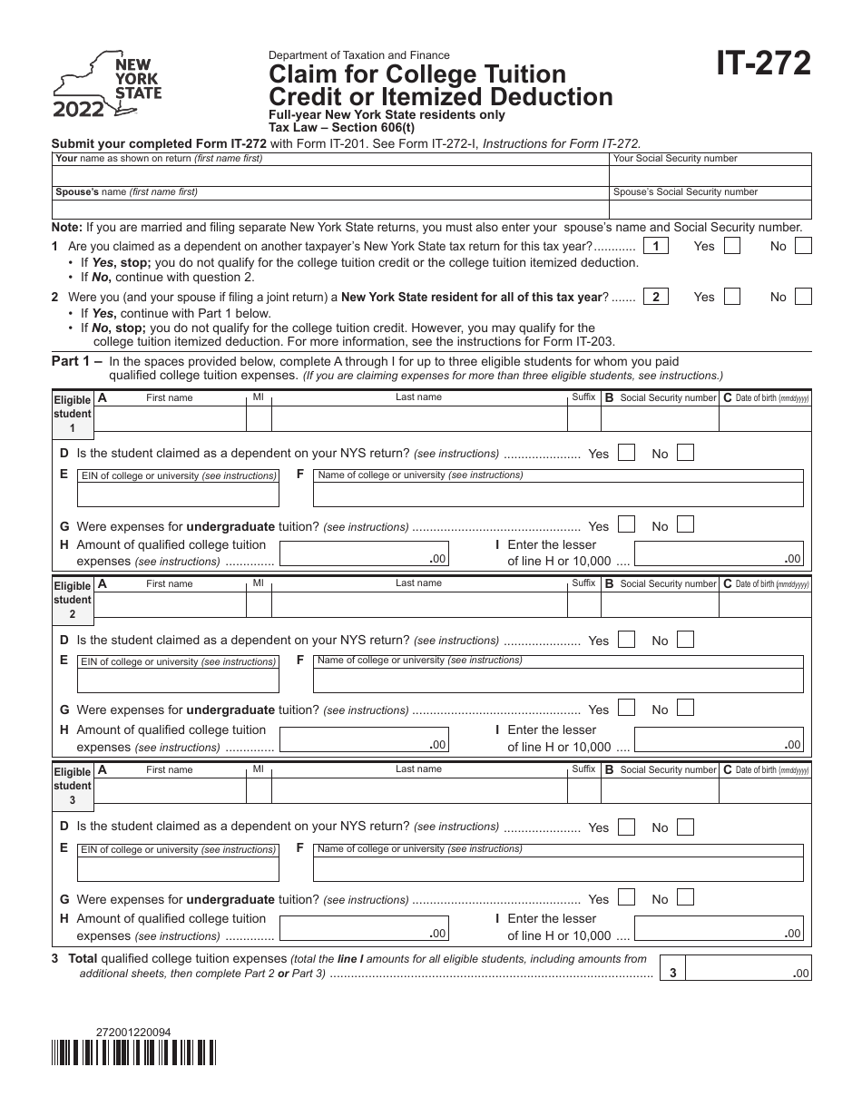Form IT-272 Claim for College Tuition Credit or Itemized Deduction - Full-Year New York State Residents Only - New York, Page 1