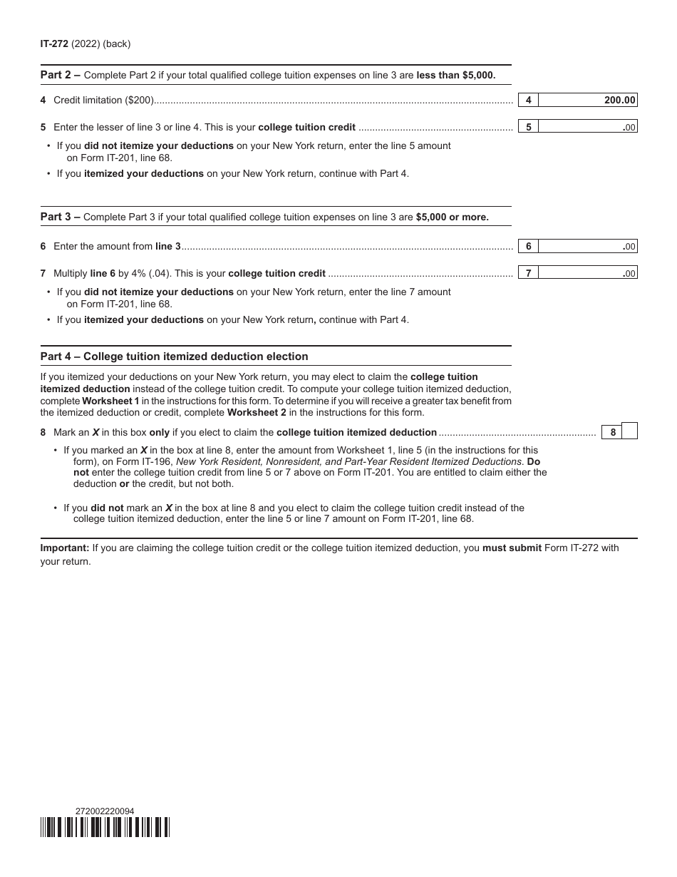 Form IT272 Download Fillable PDF or Fill Online Claim for College