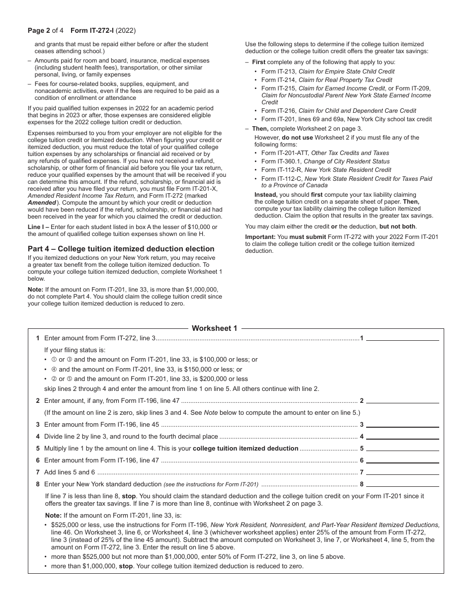 Download Instructions For Form IT-272 Claim For College Tuition Credit ...