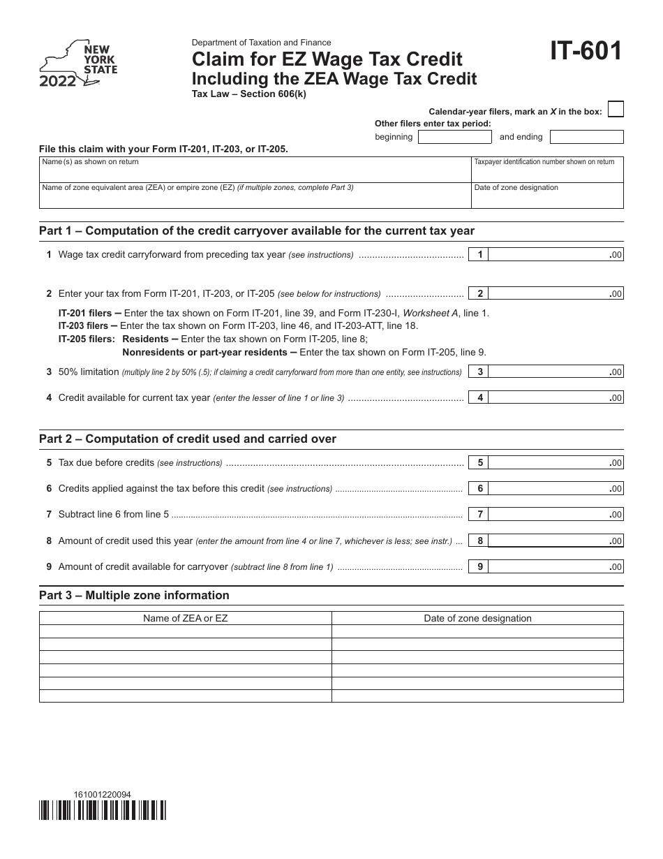 Form IT-601 Claim for Ez Wage Tax Credit Including the Zea Wage Tax Credit - New York, Page 1