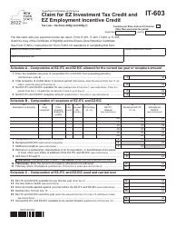 Document preview: Form IT-603 Claim for Ez Investment Tax Credit and Ez Employment Incentive Credit - New York