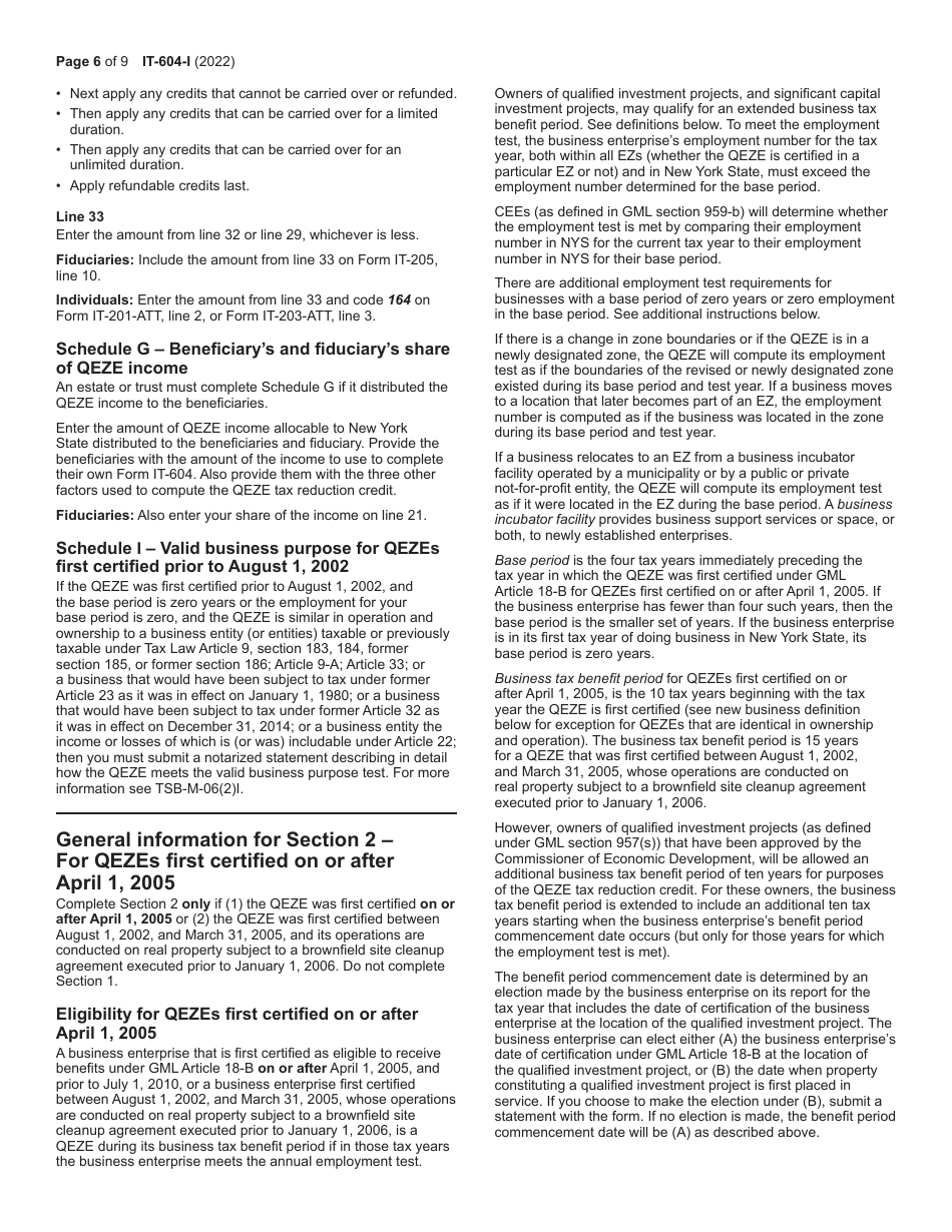 Instructions for Form IT-604 Claim for Qeze Tax Reduction Credit - New York, Page 6