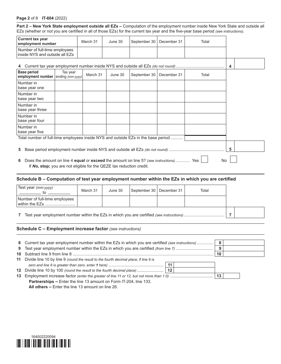 Form IT-604 Claim for Qeze Tax Reduction Credit - New York, Page 2
