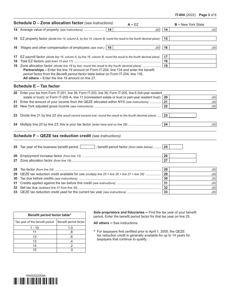 Form IT-604 Claim for Qeze Tax Reduction Credit - New York, Page 3