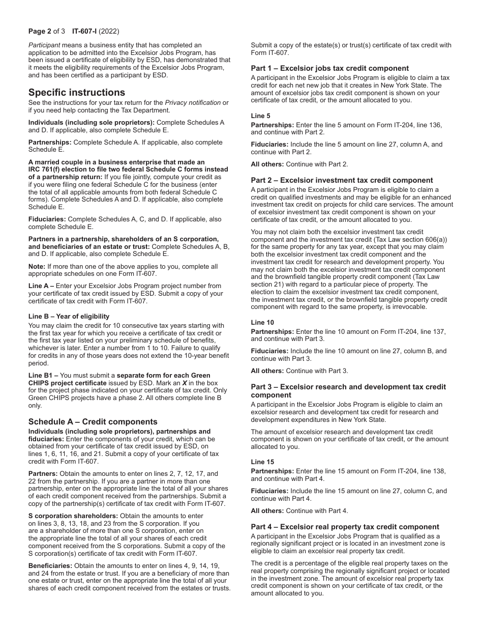 Instructions for Form IT-607 Claim for Excelsior Jobs Program Tax Credit - New York, Page 2