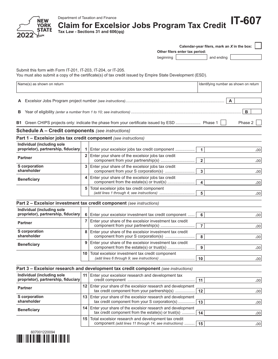 Form IT-607 Claim for Excelsior Jobs Program Tax Credit - New York, Page 1
