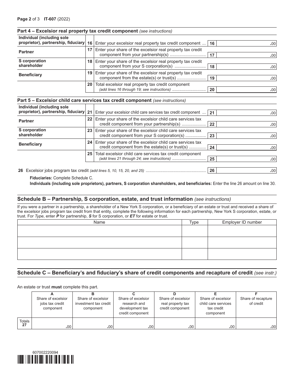 Form IT-607 Claim for Excelsior Jobs Program Tax Credit - New York, Page 2