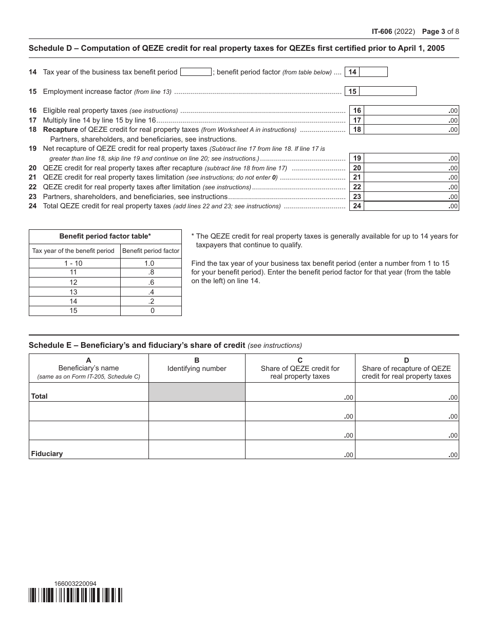 Form IT-606 Claim for Qeze Credit for Real Property Taxes - New York, Page 3