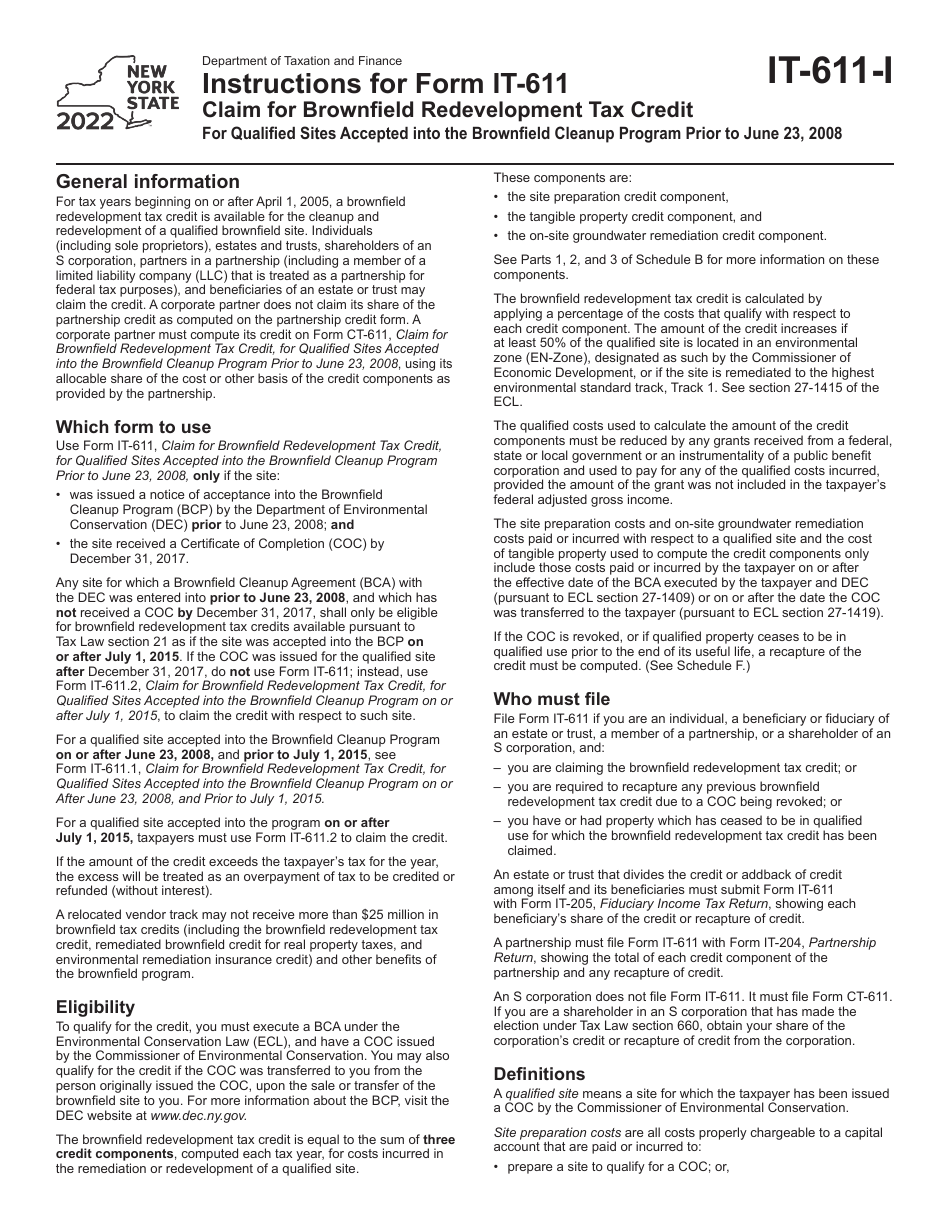 Instructions for Form IT-611 Claim for Brownfield Redevelopment Tax Credit for Qualified Sites Accepted Into the Brownfield Cleanup Program Prior to June 23, 2008 - New York, Page 1