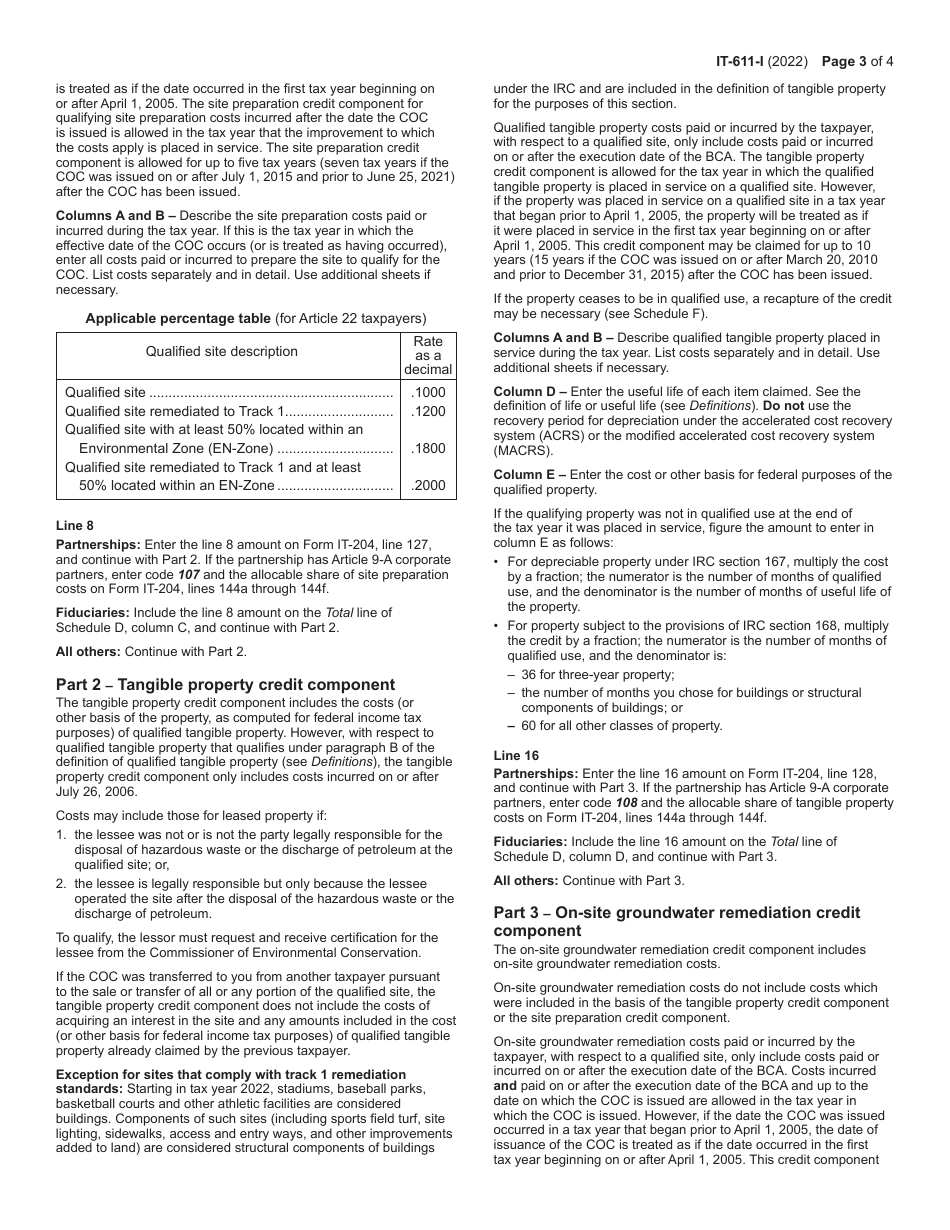 Instructions for Form IT-611 Claim for Brownfield Redevelopment Tax Credit for Qualified Sites Accepted Into the Brownfield Cleanup Program Prior to June 23, 2008 - New York, Page 3
