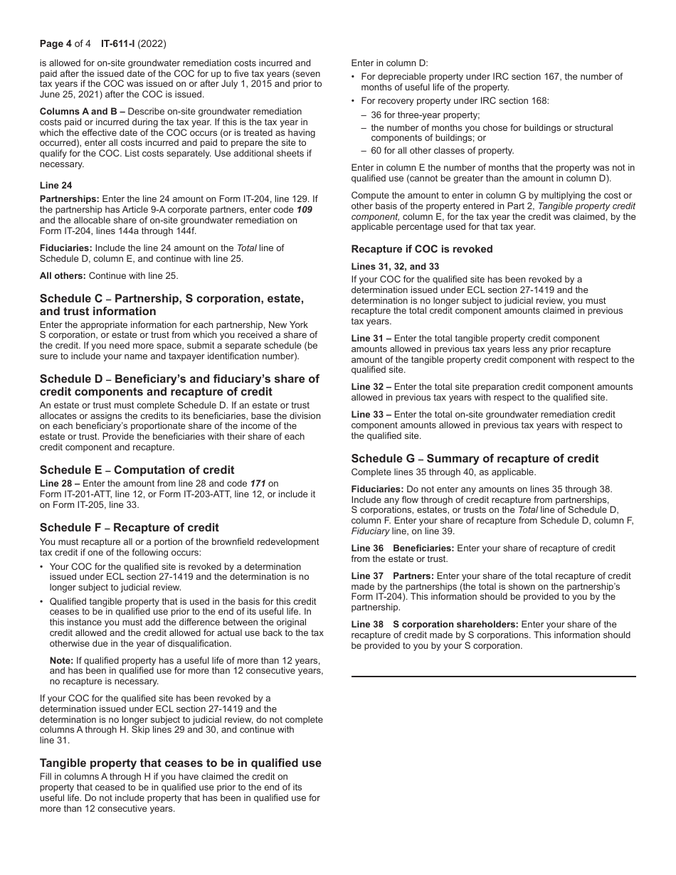 Instructions for Form IT-611 Claim for Brownfield Redevelopment Tax Credit for Qualified Sites Accepted Into the Brownfield Cleanup Program Prior to June 23, 2008 - New York, Page 4