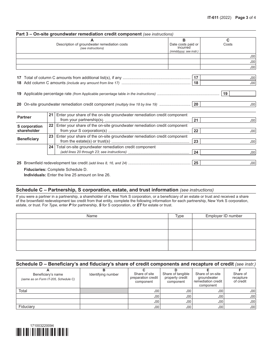 Form IT-611 Claim for Brownfield Redevelopment Tax Credit for Qualified Sites Accepted Into the Brownfield Cleanup Program Prior to June 23, 2008 - New York, Page 3