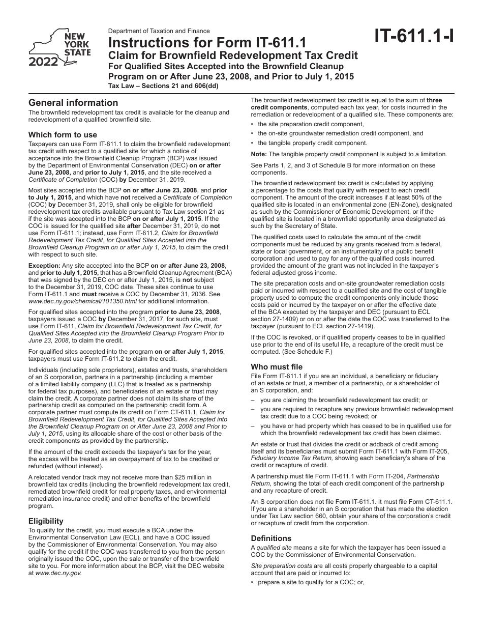 Instructions for Form IT-611.1 Claim for Brownfield Redevelopment Tax Credit for Qualified Sites Accepted Into the Brownfield Cleanup Program on or After June 23, 2008, and Prior to July 1, 2015 - New York, Page 1