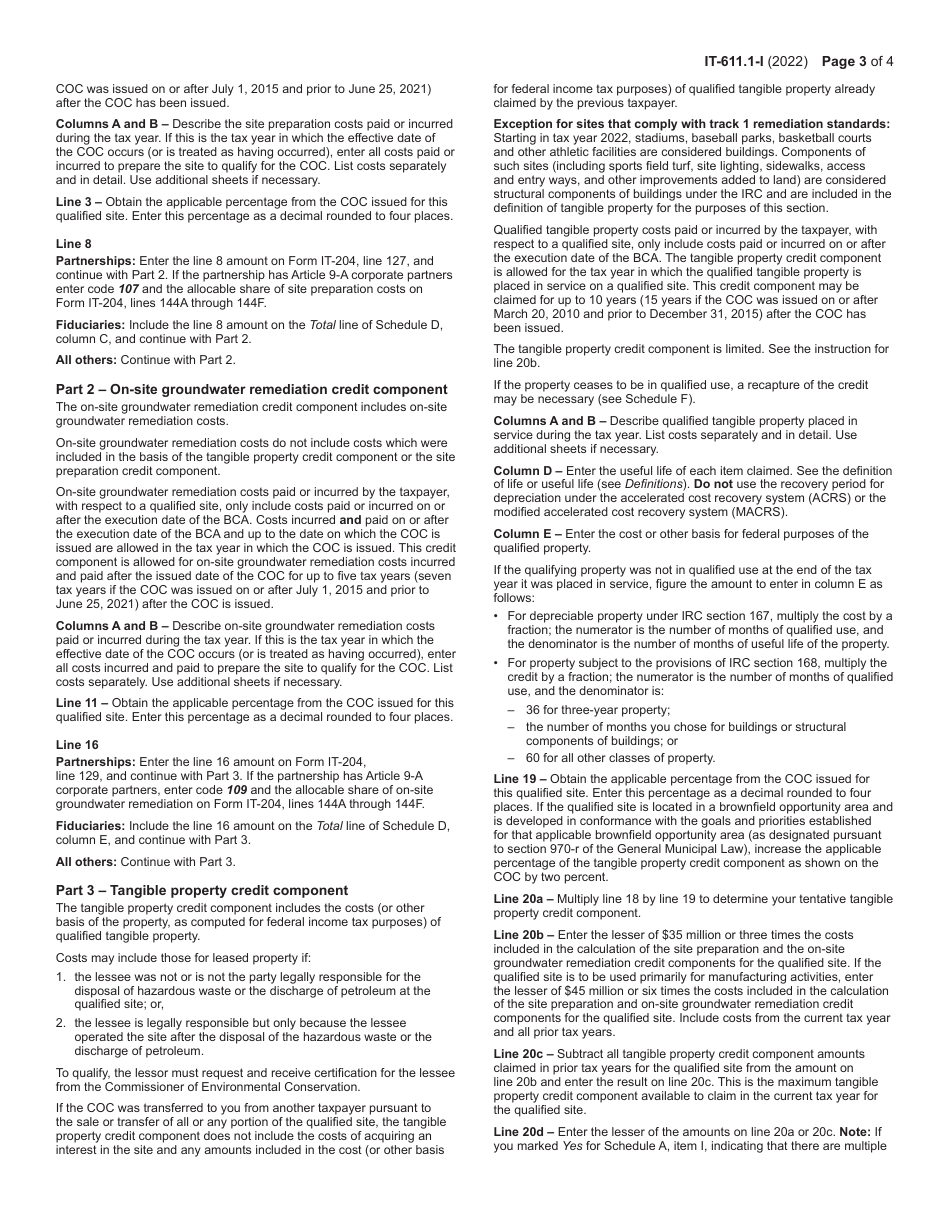 Instructions for Form IT-611.1 Claim for Brownfield Redevelopment Tax Credit for Qualified Sites Accepted Into the Brownfield Cleanup Program on or After June 23, 2008, and Prior to July 1, 2015 - New York, Page 3