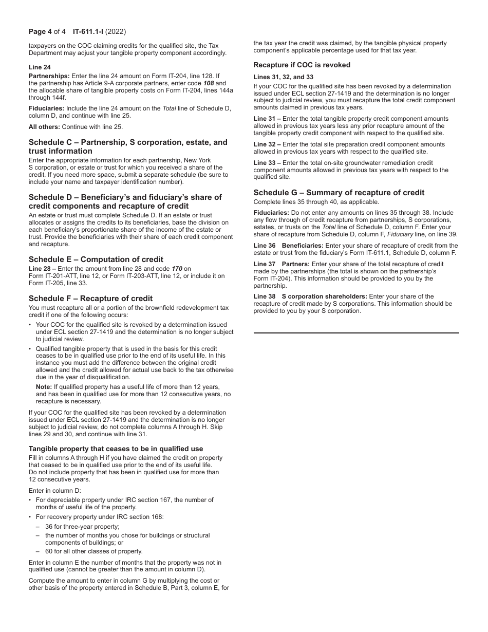 Instructions for Form IT-611.1 Claim for Brownfield Redevelopment Tax Credit for Qualified Sites Accepted Into the Brownfield Cleanup Program on or After June 23, 2008, and Prior to July 1, 2015 - New York, Page 4