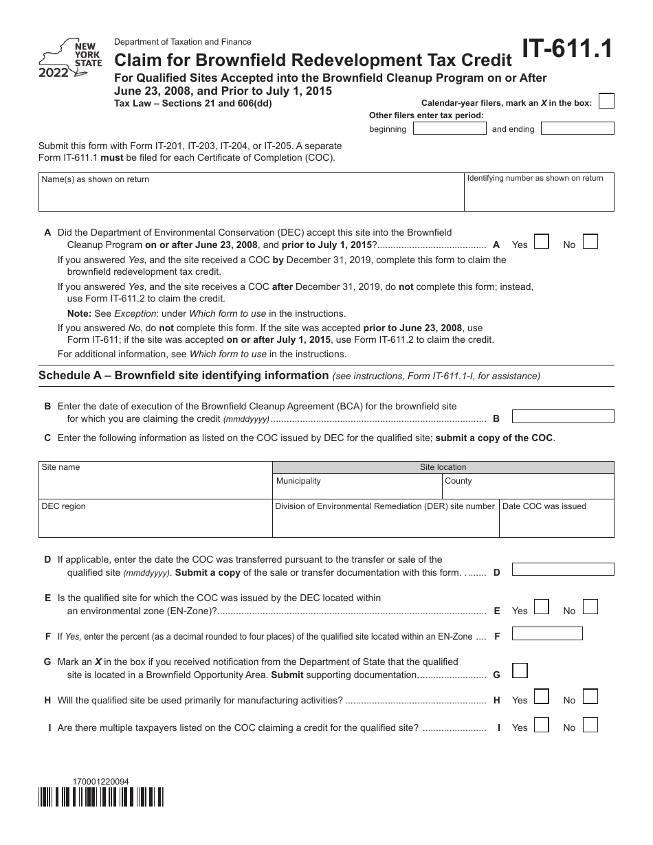 Form IT-611.1 Claim for Brownfield Redevelopment Tax Credit for Qualified Sites Accepted Into the Brownfield Cleanup Program on or After June 23, 2008, and Prior to July 1, 2015 - New York, Page 1