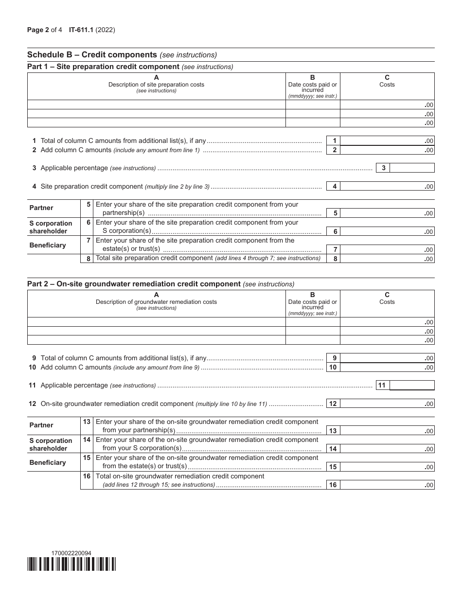 Form IT-611.1 Claim for Brownfield Redevelopment Tax Credit for Qualified Sites Accepted Into the Brownfield Cleanup Program on or After June 23, 2008, and Prior to July 1, 2015 - New York, Page 2