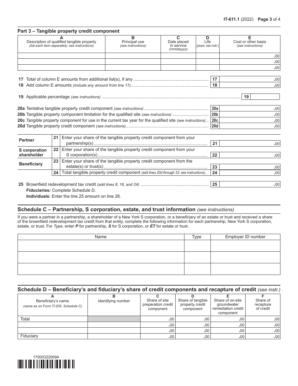 Form IT-611.1 Claim for Brownfield Redevelopment Tax Credit for Qualified Sites Accepted Into the Brownfield Cleanup Program on or After June 23, 2008, and Prior to July 1, 2015 - New York, Page 3