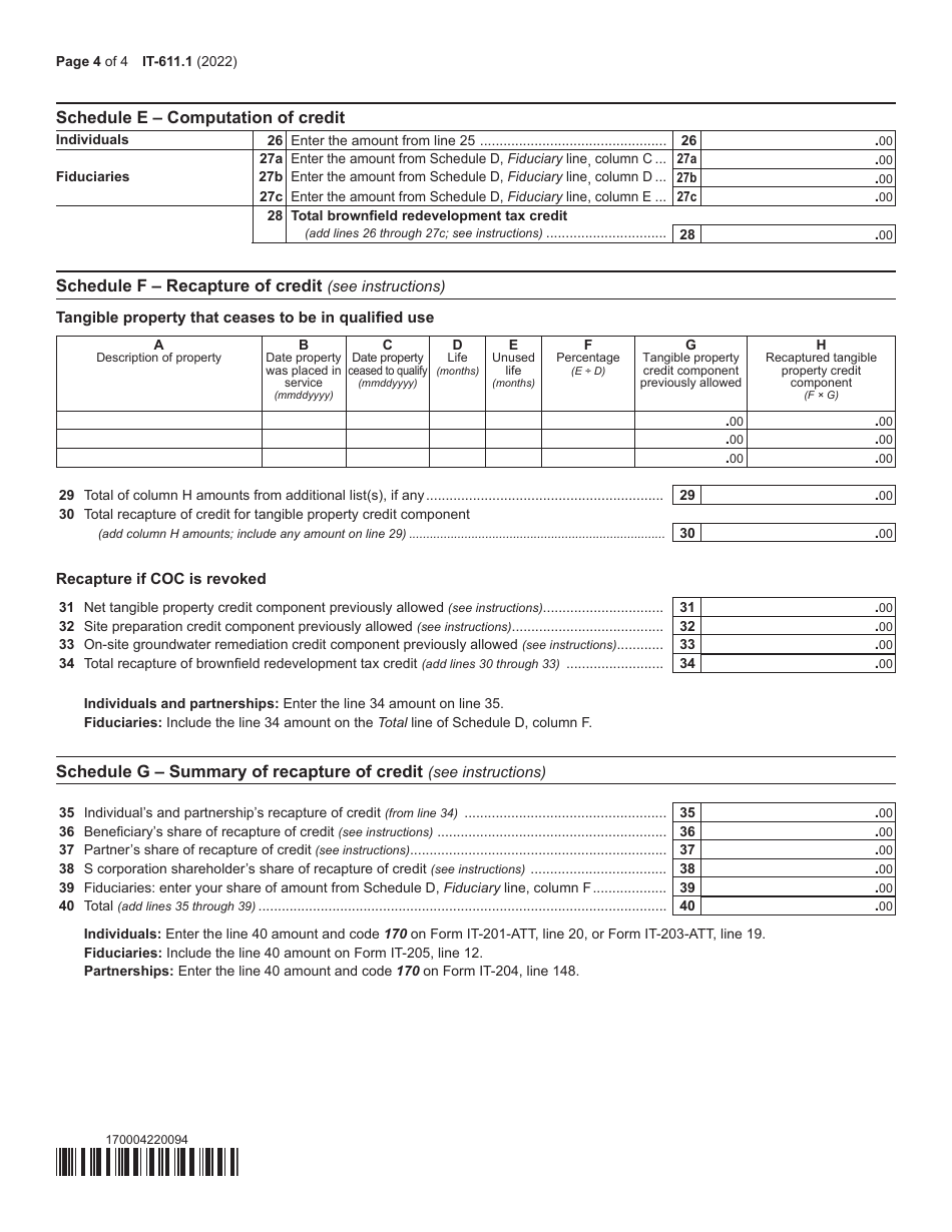 Form IT-611.1 Claim for Brownfield Redevelopment Tax Credit for Qualified Sites Accepted Into the Brownfield Cleanup Program on or After June 23, 2008, and Prior to July 1, 2015 - New York, Page 4