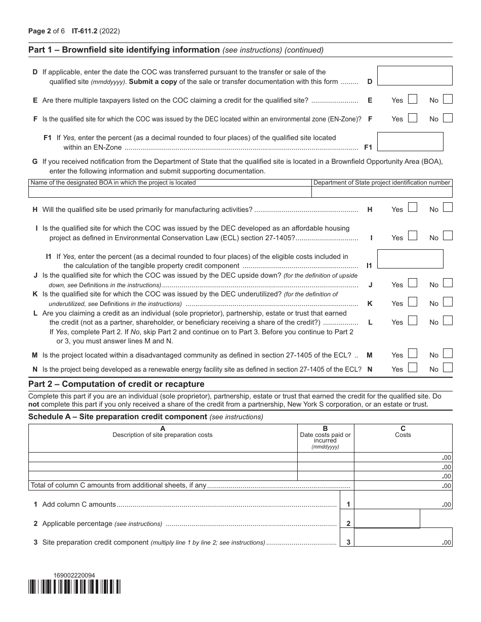 Form IT-611.2 Claim for Brownfield Redevelopment Tax Credit for Qualified Sites Accepted Into the Brownfield Cleanup Program on or After July 1, 2015 - New York, Page 2