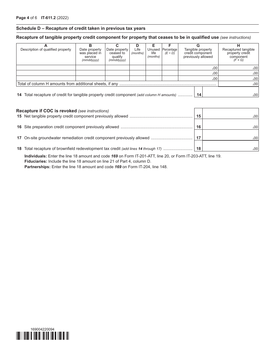 Form IT-611.2 Claim for Brownfield Redevelopment Tax Credit for Qualified Sites Accepted Into the Brownfield Cleanup Program on or After July 1, 2015 - New York, Page 4