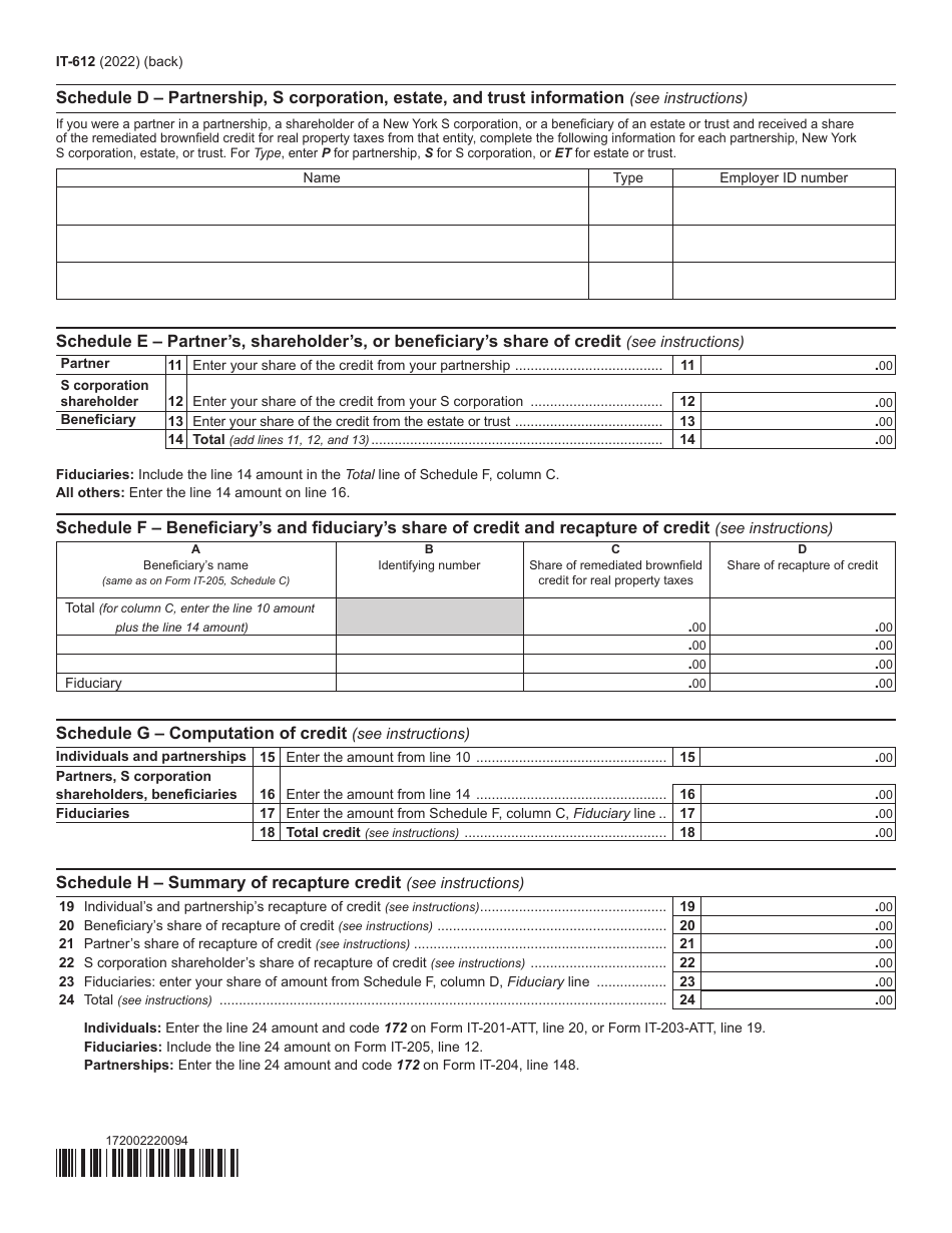 Form IT-612 Claim for Remediated Brownfield Credit for Real Property Taxes for Qualified Sites Accepted Into the Brownfield Cleanup Program Prior to July 1, 2015 - New York, Page 2