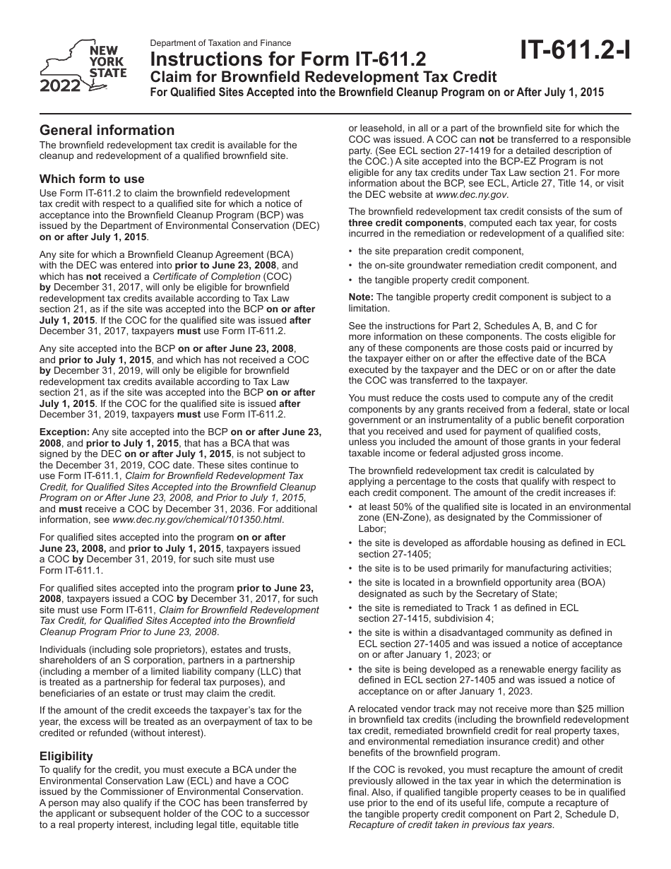 Instructions for Form IT-611.2 Claim for Brownfield Redevelopment Tax Credit for Qualified Sites Accepted Into the Brownfield Cleanup Program on or After July 1, 2015 - New York, Page 1