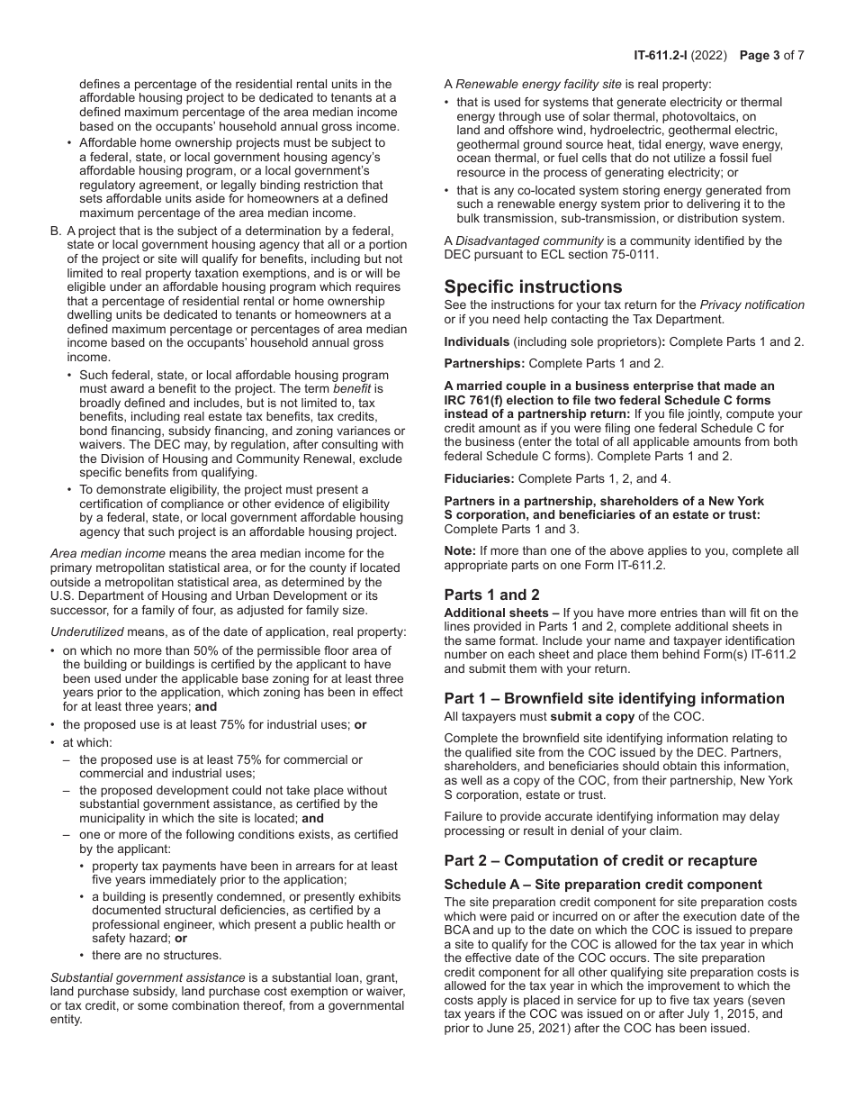 Instructions for Form IT-611.2 Claim for Brownfield Redevelopment Tax Credit for Qualified Sites Accepted Into the Brownfield Cleanup Program on or After July 1, 2015 - New York, Page 3