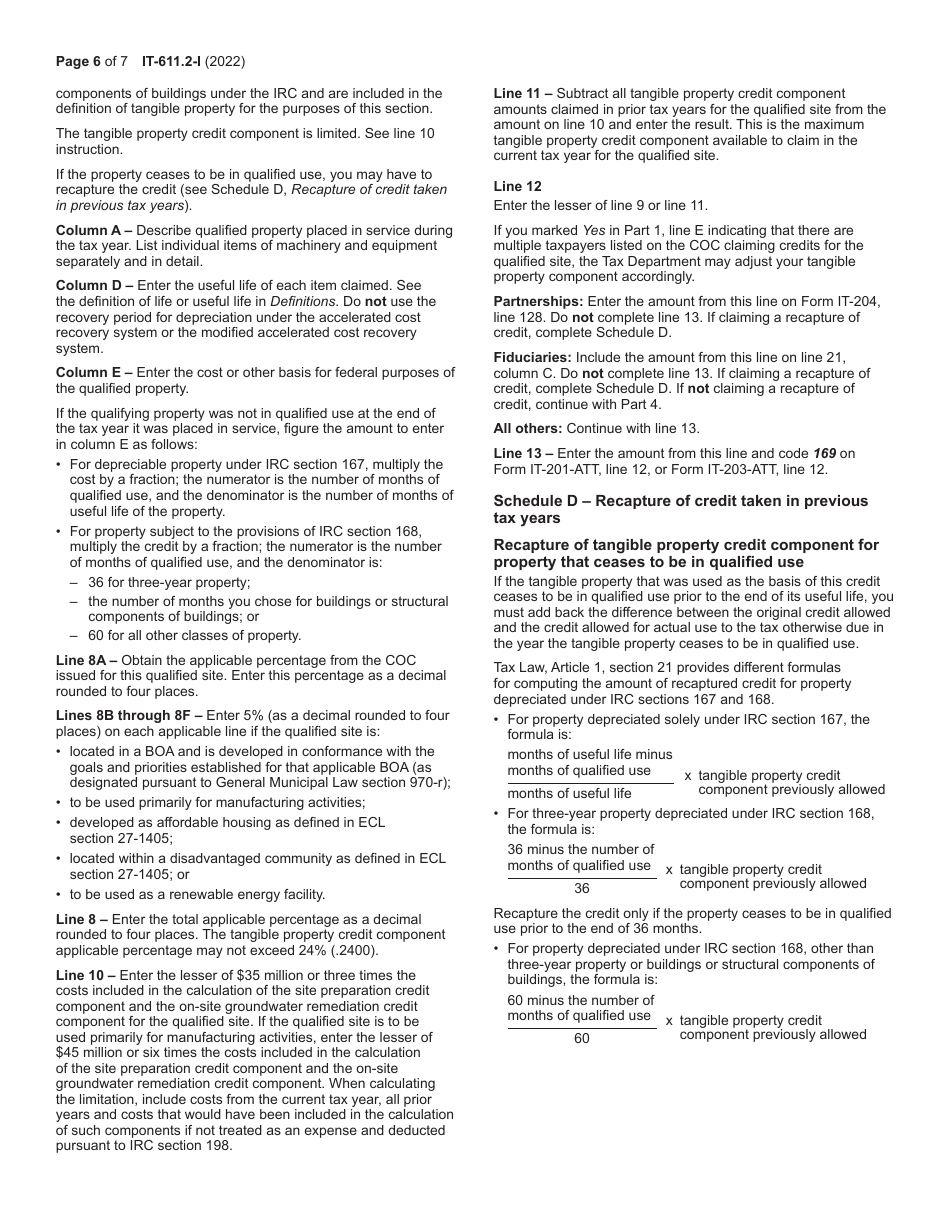 Instructions for Form IT-611.2 Claim for Brownfield Redevelopment Tax Credit for Qualified Sites Accepted Into the Brownfield Cleanup Program on or After July 1, 2015 - New York, Page 6