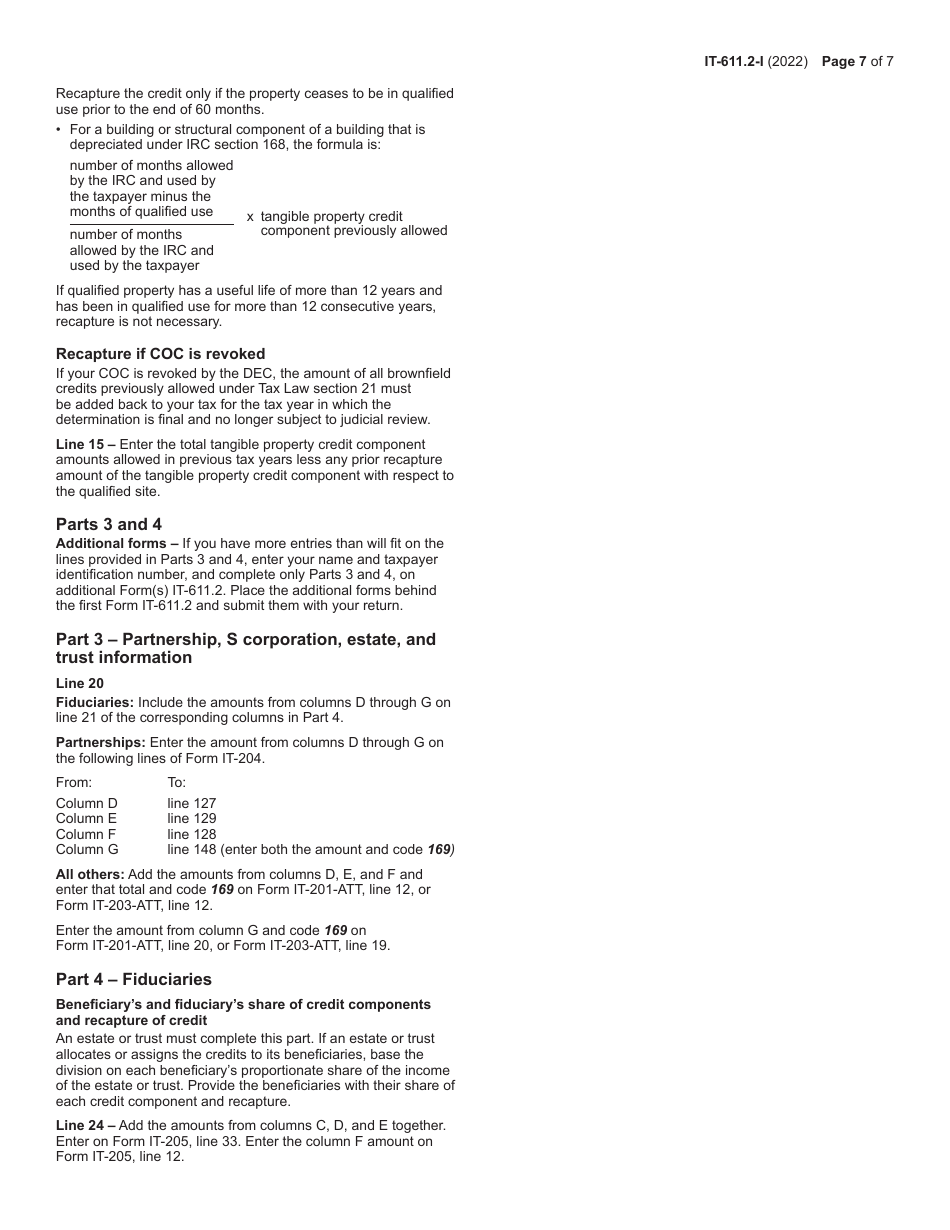 Instructions for Form IT-611.2 Claim for Brownfield Redevelopment Tax Credit for Qualified Sites Accepted Into the Brownfield Cleanup Program on or After July 1, 2015 - New York, Page 7