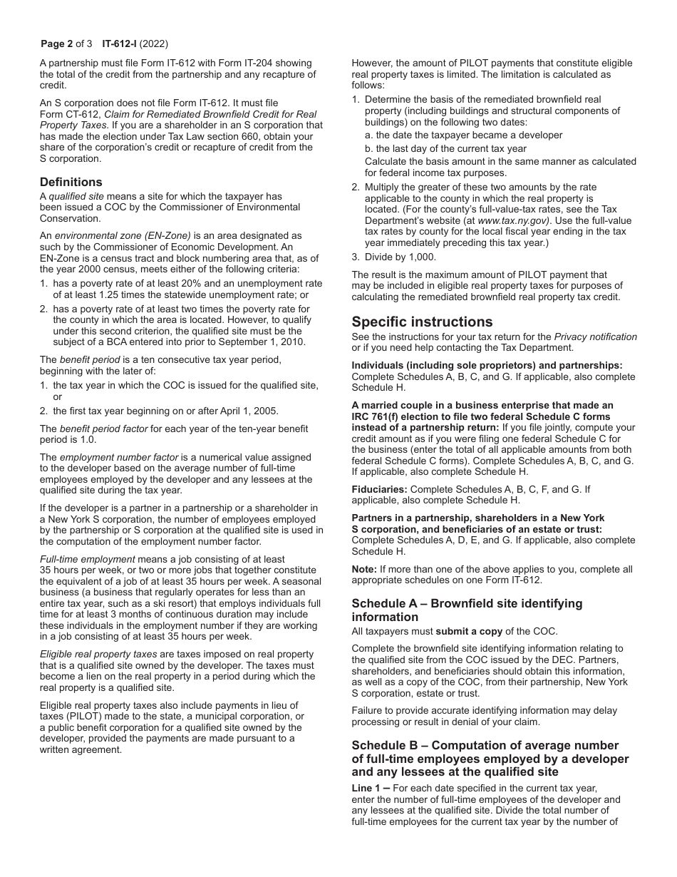 Instructions for Form IT-612 Claim for Remediated Brownfield Credit for Real Property Taxes for Qualified Sites Accepted Into the Brownfield Cleanup Program Prior to July 1, 2015 - New York, Page 2