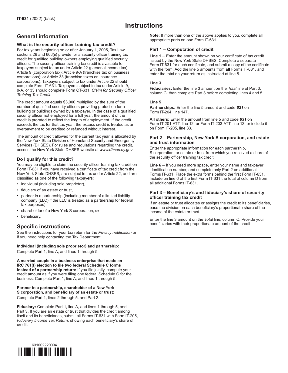 Form IT-631 Claim for Security Officer Training Tax Credit - New York, Page 2
