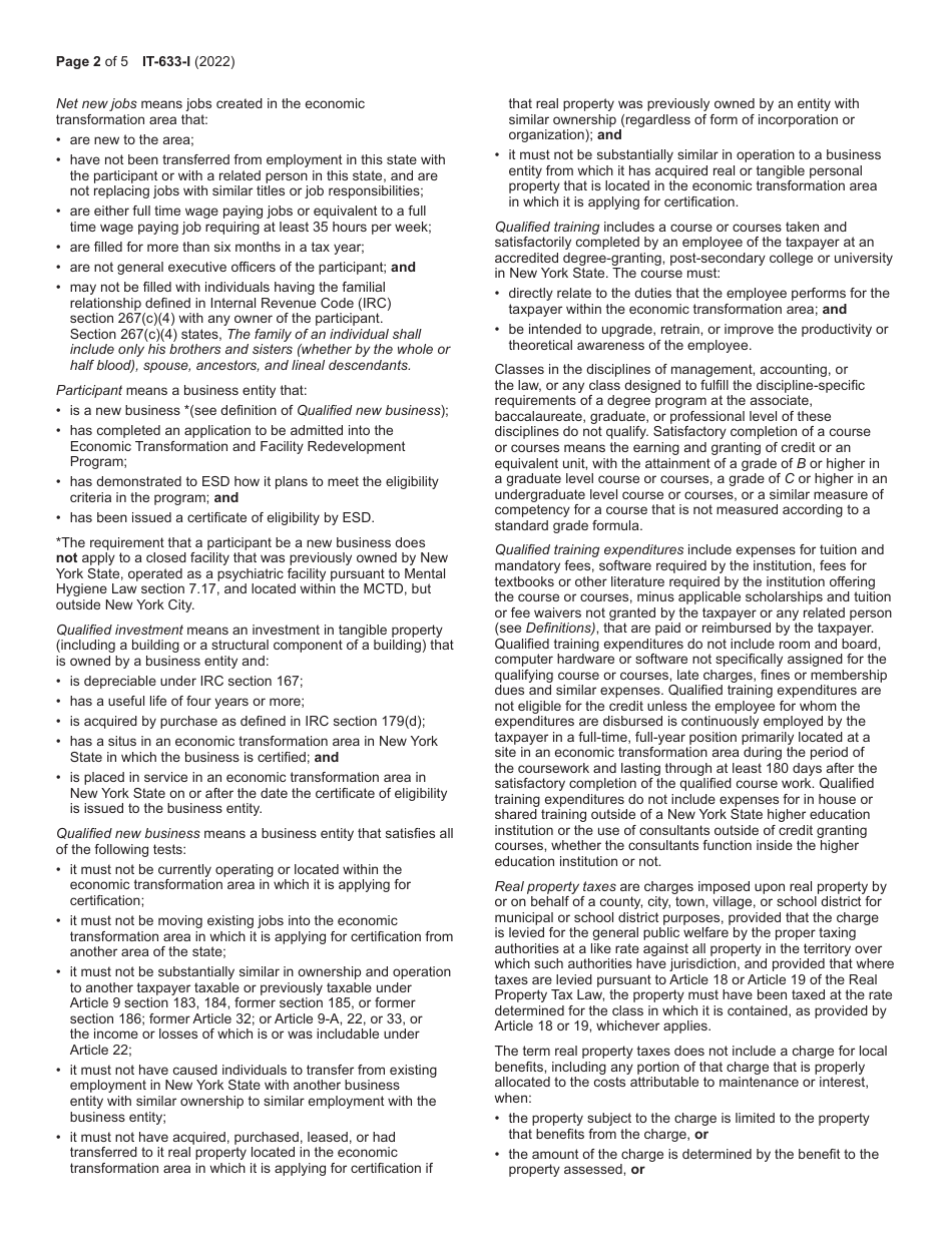 Instructions for Form IT-633 Economic Transformation and Facility Redevelopment Program Tax Credit - New York, Page 2