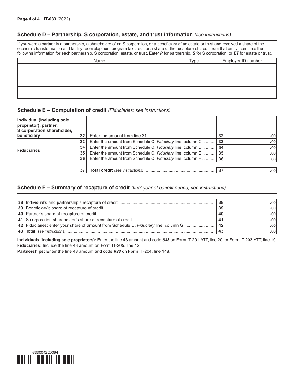 Form IT-633 Economic Transformation and Facility Redevelopment Program Tax Credit - New York, Page 4