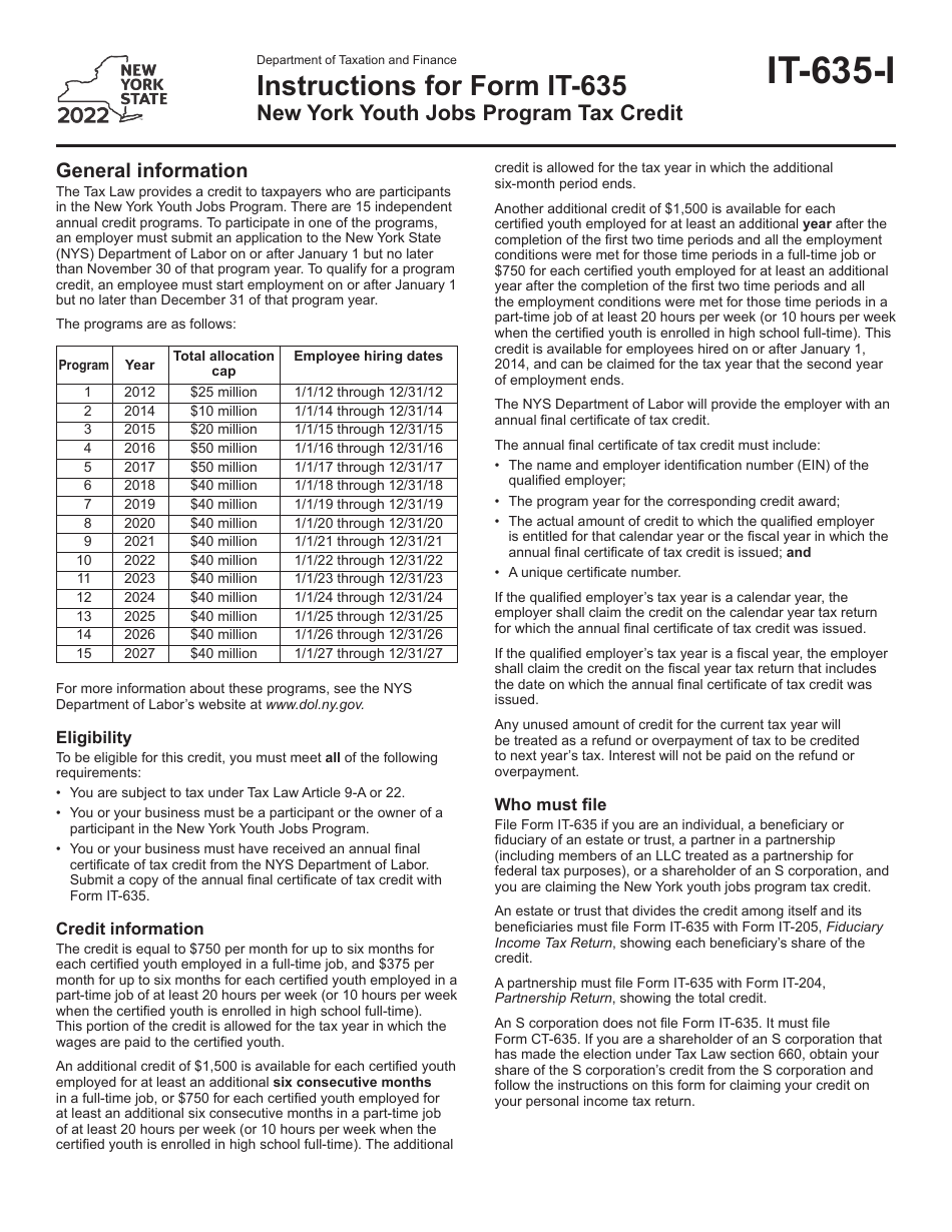 Instructions for Form IT-635 New York Youth Jobs Program Tax Credit - New York, Page 1