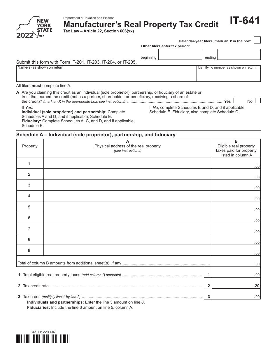 Form IT-641 Manufacturers Real Property Tax Credit - New York, Page 1