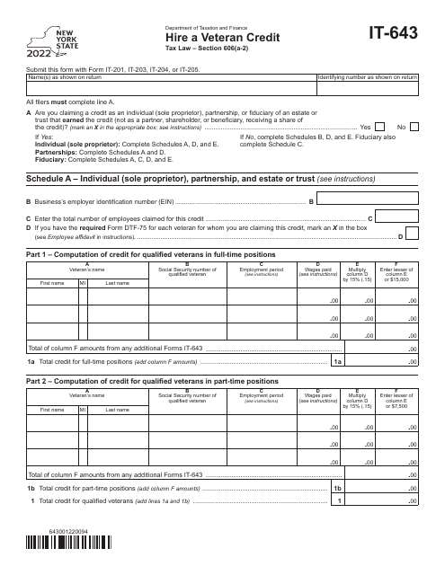 Form IT-643 2022 Printable Pdf