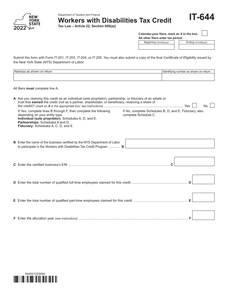 Form IT-644 Workers With Disabilities Tax Credit - New York, Page 1