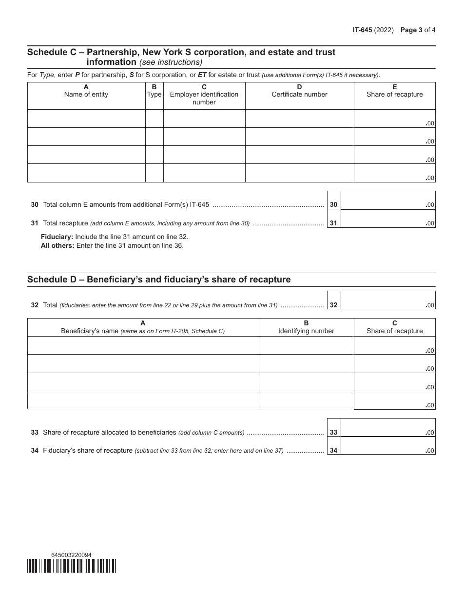 Form IT-645 Recapture of Start-Up Ny Tax Benefits - New York, Page 3